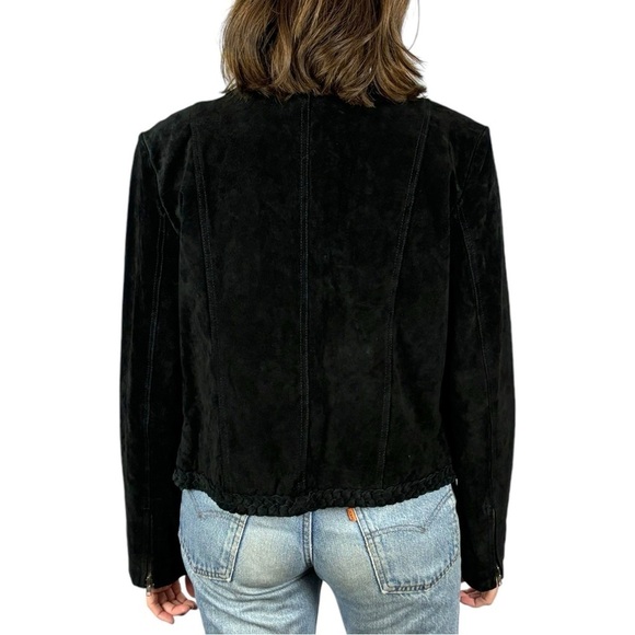METRO STYLE Y2K SUEDE BLACK LEATHER BRAIDED COLLARLESS MOTO BIKER JACKET - Picture 3 of 15